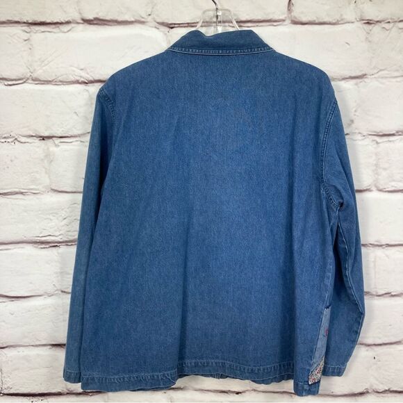 Bobbie Brooks Shirt SZ L Embellished Denim Shacket Embroidered Flowers Patches - Picture 2 of 8